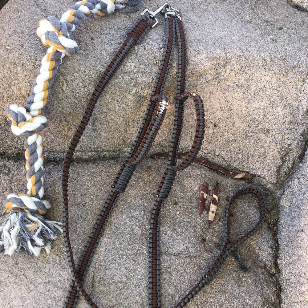 Dual Dog Leash ~ 6' Convertible Short Lead w/ Coupler Brown & Grey Paracord New